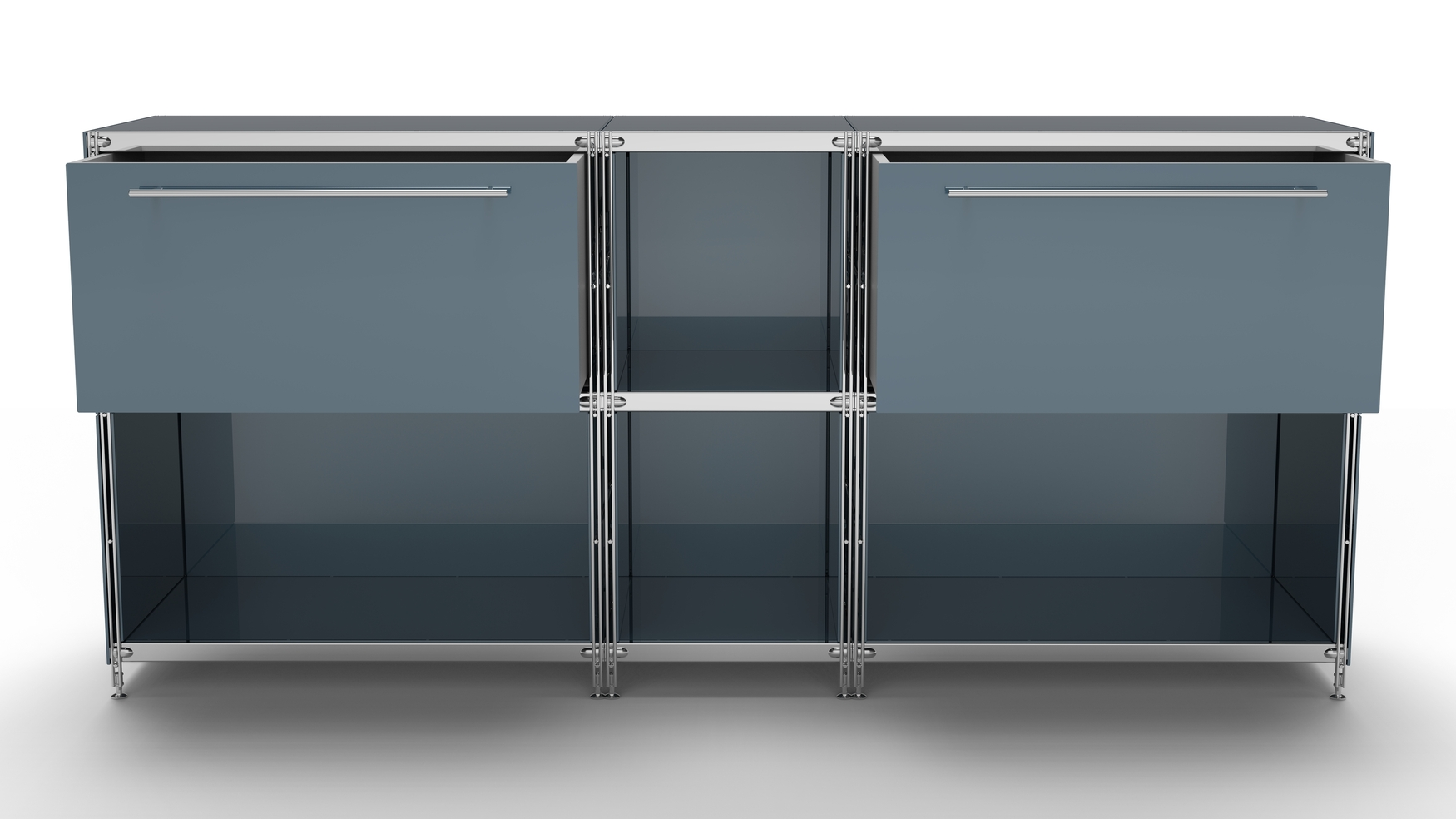 KUBUS Sideboard Metall anthrazit pulverbeschichtet mit 2 großen Schubladen + 4 Fächern offen 196 cm breit 90 cm hoch