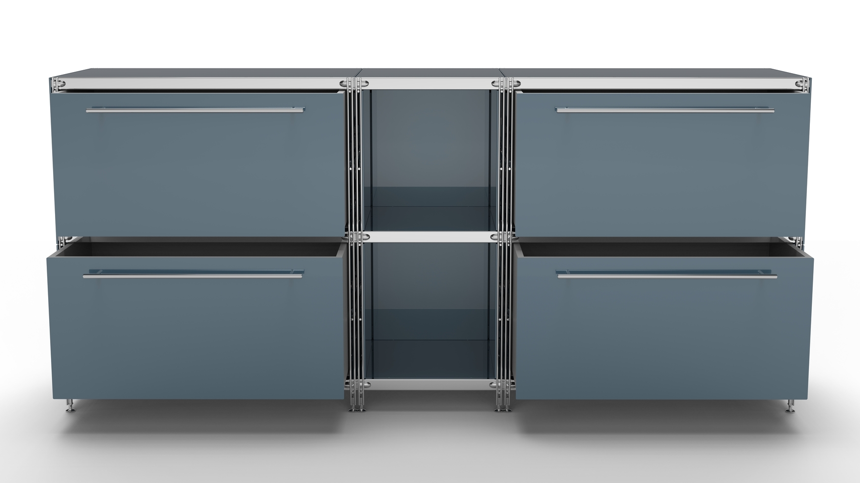 KUBUS Sideboard Metall anthrazit pulverbeschichtet mit 4 großen Schubladen + 2 Fächern offen 196 cm breit 90 cm hoch