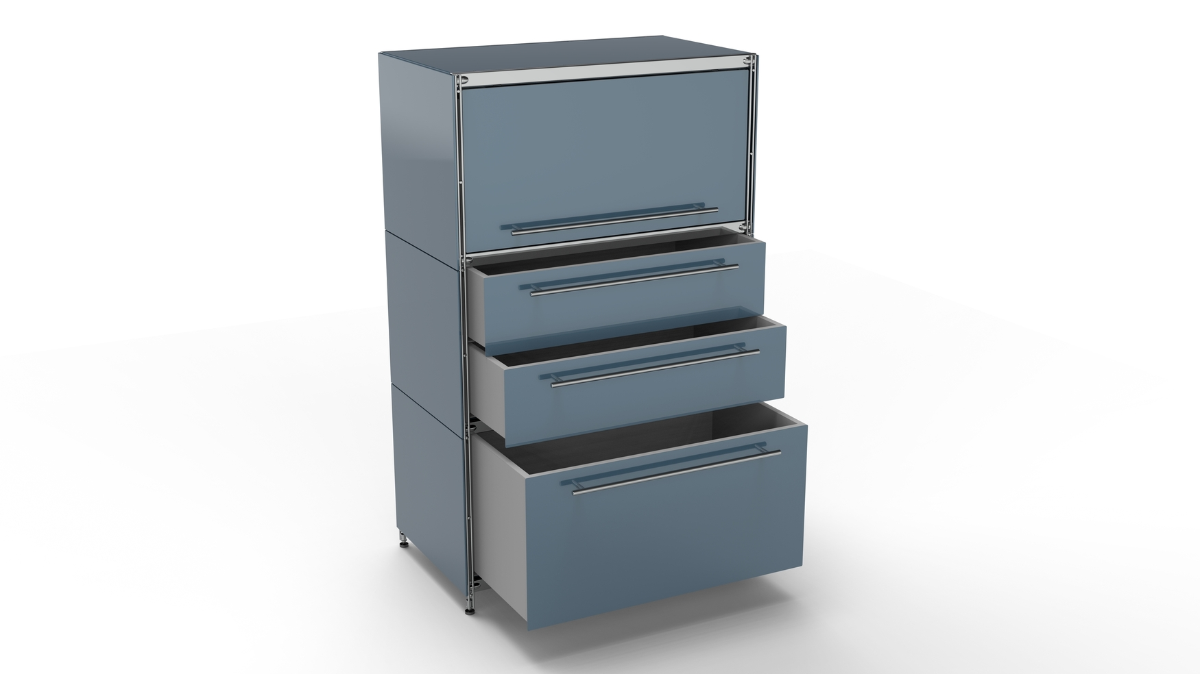 Highboard Metall anthrazit 80 x 130 x 50 cm (Breite x Höhe x Tiefe) mit Einzugsklappe oben Doppelschublade großem Schubfach offen