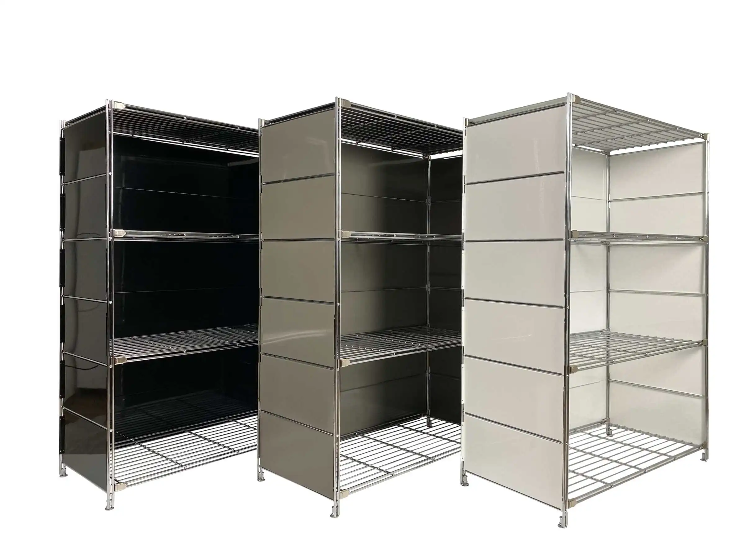 Metall Regale in schwarz, anthrazit und weiß mit komplett Verkleidung aus Metall